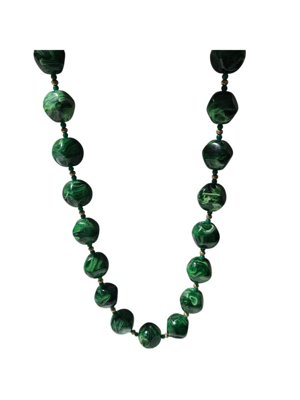 Vintage Chunky Beaded Necklace Green Marble Swirled Beads Retro Fashion Jewelry